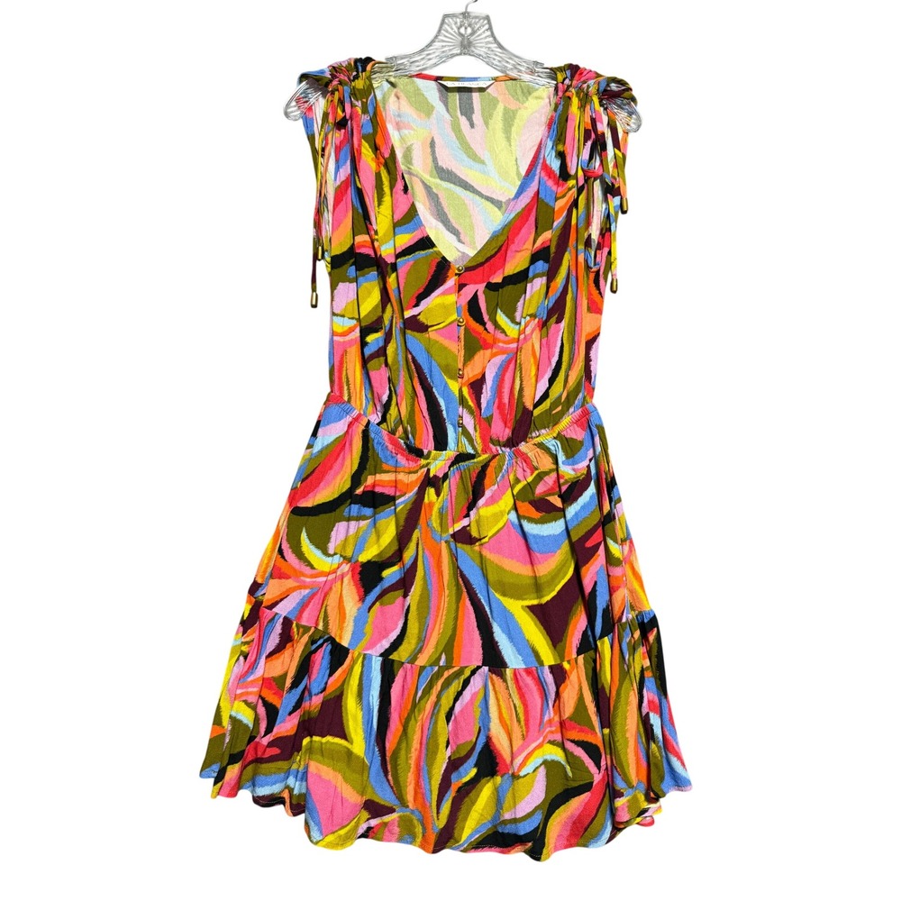 La Blanca Dress Women Small Multicolor Abstract Swirl Boho Resort Tiered Ruffle